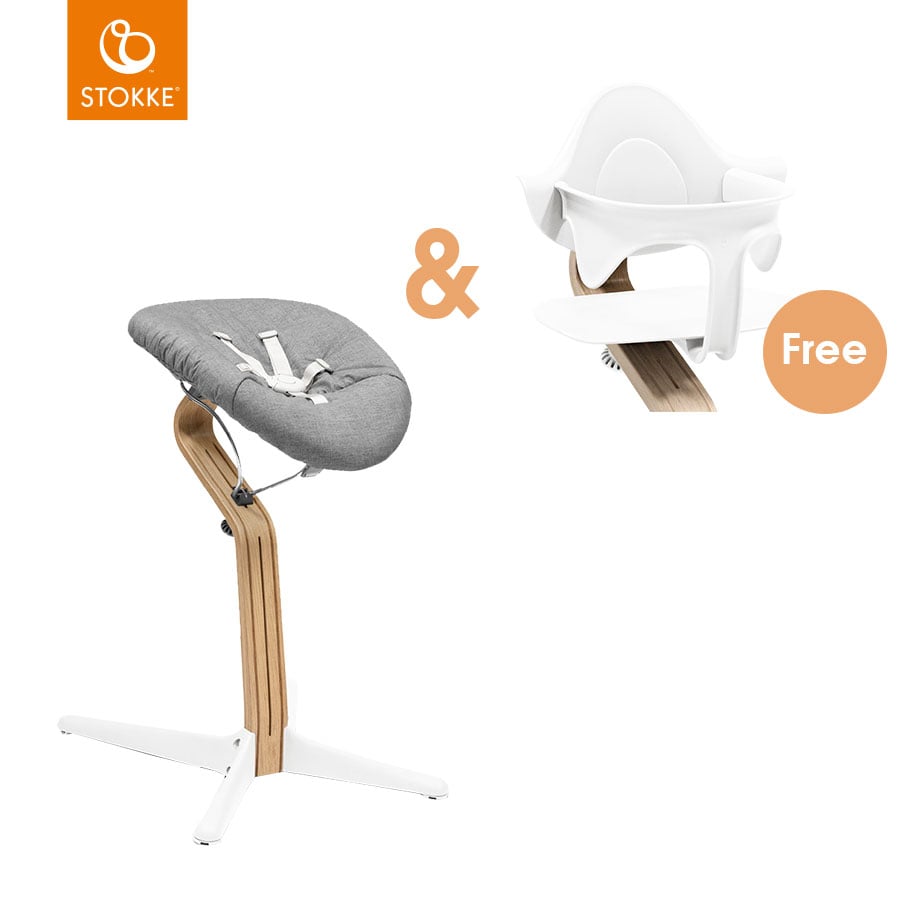 STOKKE® Nomi® Hochstuhl Eiche / weiß inkl. Newborn Set weiß / grau sand + gratis Baby Set weiß von Stokke