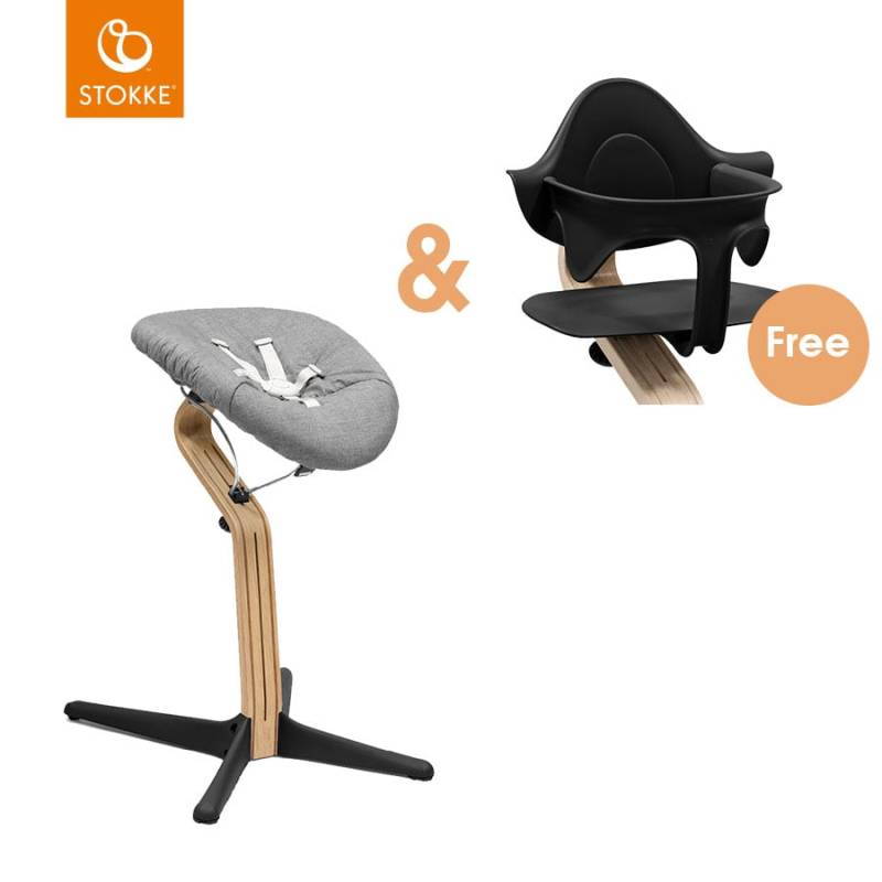 STOKKE® Nomi® Hochstuhl Eiche natur / schwarz inkl. Newborn Set schwarz / grau sand + gratis Baby Set schwarz von Stokke