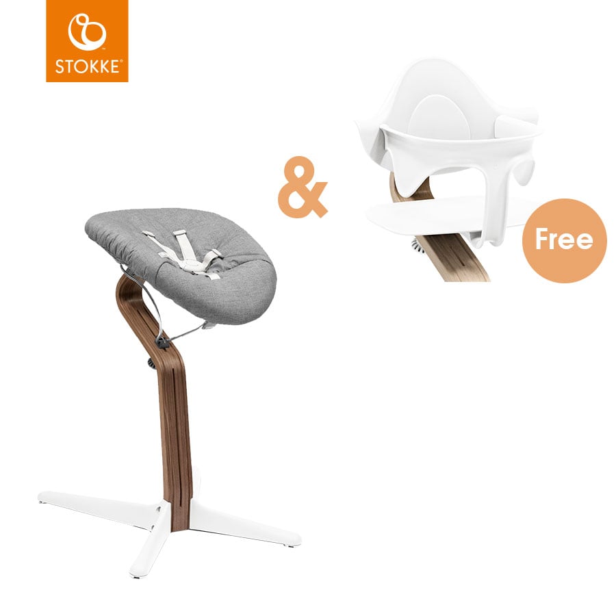 STOKKE® Nomi® Hochstuhl Walnuss / weiß inkl. Newborn Set weiß / grau sand + gratis Baby Set weiß von Stokke