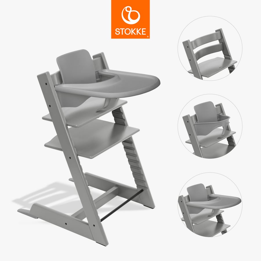 STOKKE® Tripp Trapp® Hochstuhl Buche Storm Grey inkl. Tray Storm Grey und Baby Set V2 Storm Grey von Stokke