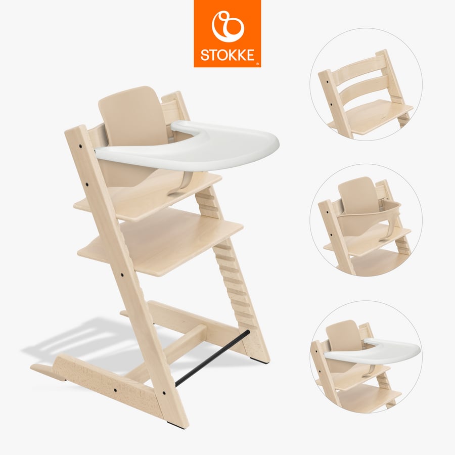 STOKKE® Tripp Trapp® Hochstuhl Buche natur inkl. Tray weiß und Baby Set V2 natur von Stokke