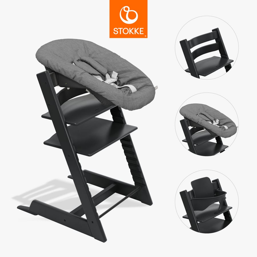 STOKKE® Tripp Trapp® Hochstuhl Buche schwarz inkl. Newborn Set™ Anthracite und Baby Set V2 schwarz von Stokke