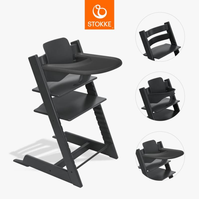 STOKKE® Tripp Trapp® Hochstuhl Buche schwarz inkl. Tray schwarz und Baby Set V2 schwarz von Stokke