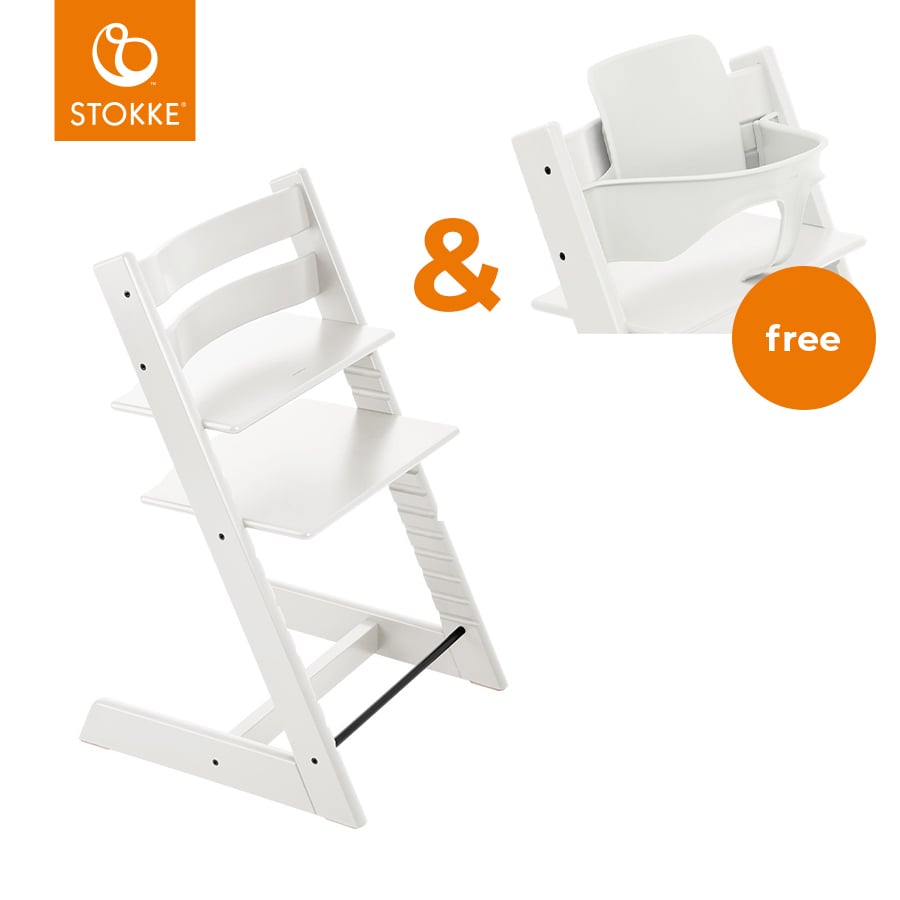 STOKKE® Tripp Trapp® Hochstuhl Buche weiß + Gratis Baby Set V2 weiß von Stokke