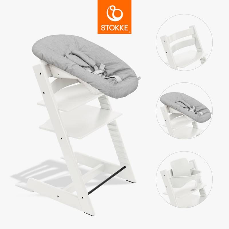 STOKKE® Tripp Trapp® Hochstuhl Buche weiß inkl. Newborn Set™ Grey und Baby Set V2 weiß von Stokke