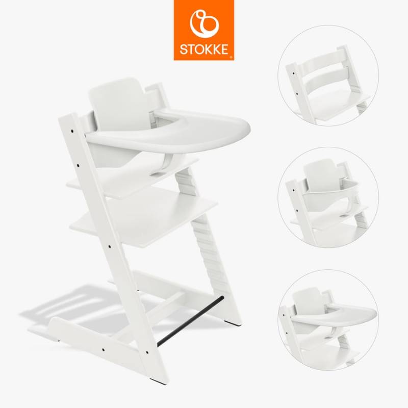 STOKKE® Tripp Trapp® Hochstuhl Buche weiß inkl. Tray weiß und Baby Set V2 weiß von Stokke