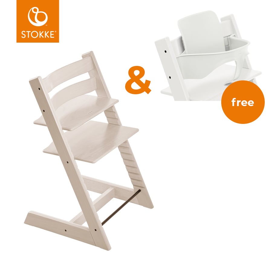 STOKKE® Tripp Trapp® Hochstuhl Buche whitewash + Gratis Baby Set V2 weiß von Stokke