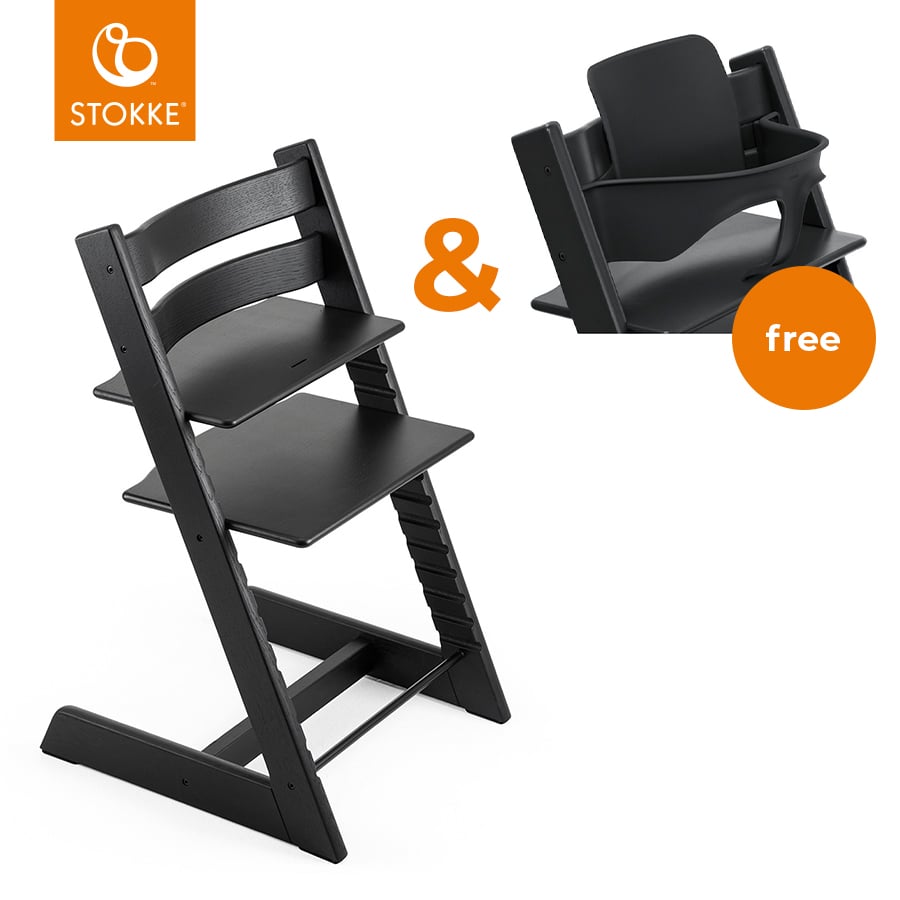 STOKKE® Tripp Trapp® Hochstuhl Oak schwarz + gratis Baby Set V2 schwarz von Stokke