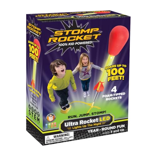 Stomp Rocket Original Ultra Rocket LED, 4 Raketen - Outdoor Raketenspielzeug Geschenk für Jungen und Mädchen - Wird mit Spielzeug Startrampe geliefert von Stomp Rocket