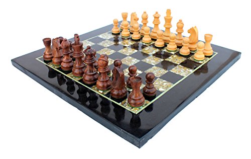 StonKraft 38,1 x 38,1 cm Schachspielbrett-Set für professionelle Spieler, antike Sammler – aus schwarzem Marmor, Perlmutt mit Holzstücken von StonKraft