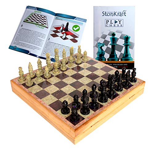 StonKraft Handgeschnitztes Schachbrett mit Holzsockel - Stein eingelegte Arbeit - Schachspielbrett-Set von StonKraft