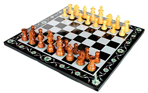 StonKraft Schachbrettspiel-Set aus schwarzem Marmor, Sammlerstück, mit Einlegearbeiten, 38,1 x 38,1 cm von StonKraft