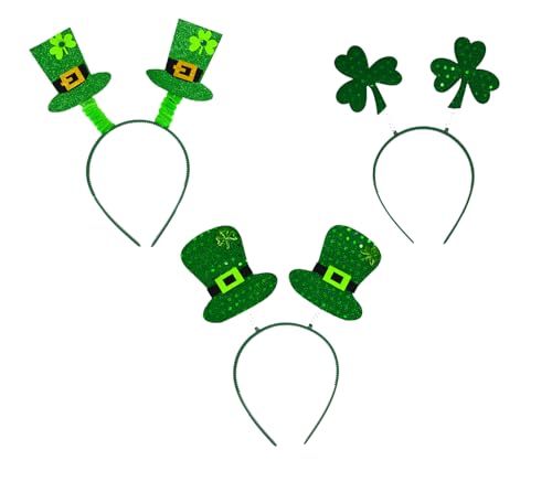 Irische Stirnbänder zum St. Patrick's Day, 3 glitzernde Kleeblatt- und Koboldmützen, Bopper-Designs, St. Patrick's Day Deely Boppers Neuheit, irisches Geschenk, Kostüm-Haar-Accessoire für Erwachsene, von Storm&Lighthouse