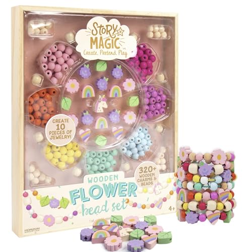 Story Magic Holzperlen Blume, mehr als 300 Perlen und Holzanhänger mit großem Loch für Perlenarmbänder, Armbandherstellung Kits von Story Magic