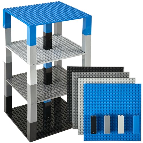 Strictly Briks Stapelbare Premium-Bauplatten - kompatibel mit Allen großen Marken - geeignet für Turm-Konstruktionen - Set aus 4 Platten - je 15,2 x 15,2 cm - Blau, Grau, Schwarz von Strictly Briks