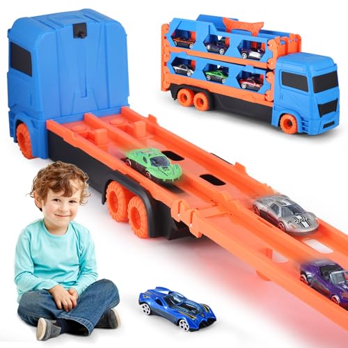 Transport Truck Spielzeugauto mit 12 Rennautos, Tragbares Rennbahn Truck Spielzeugauto, Kinder Transport Truck Spielset mit Launcher für 3+ Kinder von Strixorn