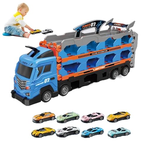 Carrier Truck Race Track Kinderspielzeug, Transport Truck mit Auswurfschiene, Auswurf-Rennstrecken-Autotransporter, Spielzeugauto-Streckenset, großer Transporter, Rennbahn, zusammenklappbare von Stronrive