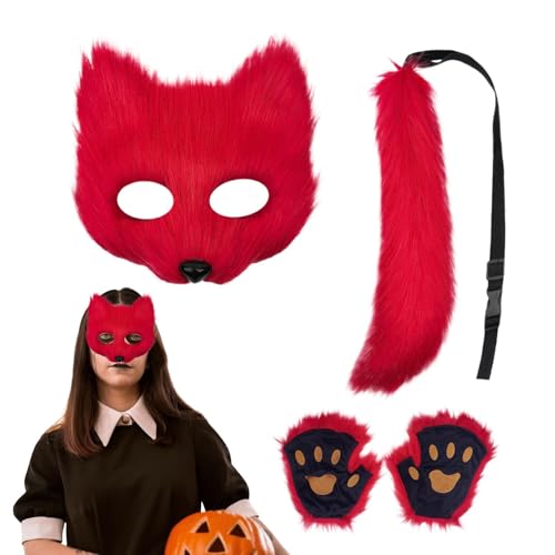 Fox Face Cover Tail Set | Faux Feather Soft Cat Party Kleidung | Realistische Urlaub Tier Outfit Set, Lustiges Cosplay Kostüm für Kinder und Erwachsene von Stronrive