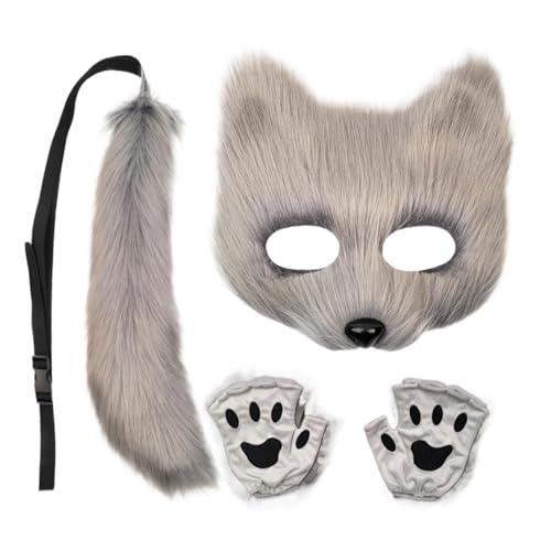 Fuchskostüm-Set, Kunstfeder, Plüschwolf, pelzige Kleidung, Cosplay-Zubehör, realistische Tierkopfabdeckung für Halloween, Kostümpartys und Cosplay von Stronrive