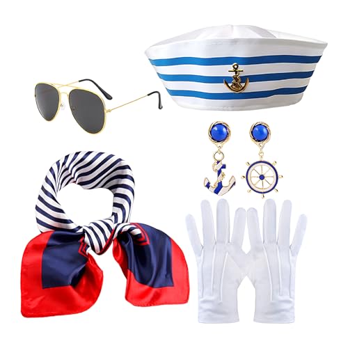 Stronrive Matrosen-Outfit für Damen, marineblau, Boot, Schal, Mütze, Sonnenbrille, Set für Erwachsene, 5 x nautisches Outfit für Karneval, Hochzeit, Weihnachten, Sommer Stronrive Matrosen-Outfit für Damen, marineblau, Boot, Schal, Mütze, Sonnenbrille, Set für Erwachsene, 5 x nautisches Outfit für Karneval, Hochzeit, Weihnachten, Sommer von Stronrive