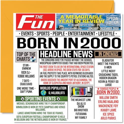 Geburtstagskarte zum 24. Geburtstag für Männer und Frauen – Born in 2000 Zeitung – Happy 24 Geburtstagskarte für Sohn, Tochter, Cousin, Vintage, Retro, Back in 2000, 145 x 145 mm, 24 x 145 mm, von Stuff4