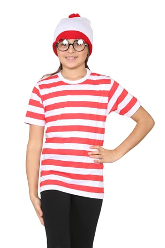 Style Lockers® Rot-weißes Rundhals-T-Shirt, Hut und Brille, für Kinder, Buchwoche, Kostüm, Outfit, Alter 5–13 Jahre (Rot/Weiß, 3-teiliges Set, 11–12 Jahre) von Style Lockers