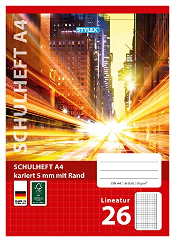 Stylex 29826-P25 - Schulheft, kariert, DIN A4, 16 Blatt mit 80 g/m² Grammatur, Außenrand, 25 Stück, Lin 26 von Stylex