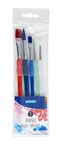 Stylex 35064 - Schulmalpinsel im 5 teiligen Set, 3 Rund- und 2 Flachpinsel mit farbigem, synthetischem Pinselhaar, Kunststoffstiel mit gummierter Griffzone Stylex 35064 - Schulmalpinsel im 5 teiligen Set, 3 Rund- und 2 Flachpinsel mit farbigem, synthetischem Pinselhaar, Kunststoffstiel mit gummierter Griffzone von Stylex