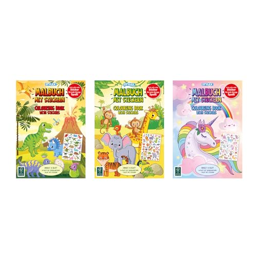 Stylex 77077-P6 - Sticker Malbücher DIN A4, 6 Stück in 3 Motiven mit je 14 Seiten + 1 Seite Sticker, weißes Papier 80 g/m², 14 Motive zum Ausmalen für Kinder Stylex 77077-P6 - Sticker Malbücher DIN A4, 6 Stück in 3 Motiven mit je 14 Seiten + 1 Seite Sticker, weißes Papier 80 g/m², 14 Motive zum Ausmalen für Kinder von Stylex