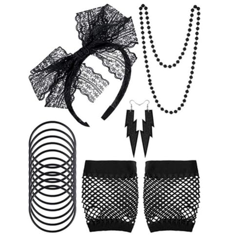 Stytpwra 80er-Jahre-Kostüm-Zubehör für Damen, Party-Set mit Spitzenstirnband, Ohrringen, Fischnetz, Halskette, Armband von Stytpwra