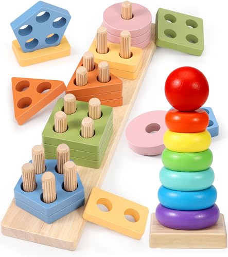 Subtail Montessori Spielzeug ab 1 Jahr - Holzspielzeug Motorikspielzeug Baby 6 9 Monate - Holz Stapelturm Baby ab 1 Jahr - Steckspiel und Stapelspiel Kinderspielzeug - Geschenk 1 Jahr Junge Mädchen von Subtail