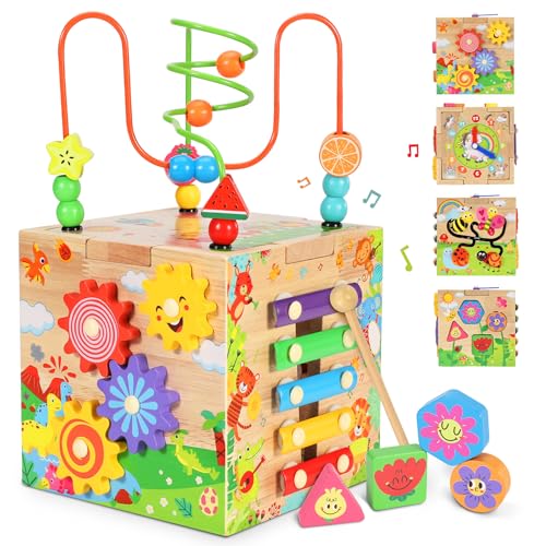 Subtail Motorikwürfel Aktivitätswürfel aus Holz, 8 in 1 Montessori Spielzeug Geschenk für Kinder, Motorikspielzeug ab 1 Jahr, Aktivitätswürfel Spielzeug, Geschenk für Kinder ab 1, 2, 3 Jahren von Subtail