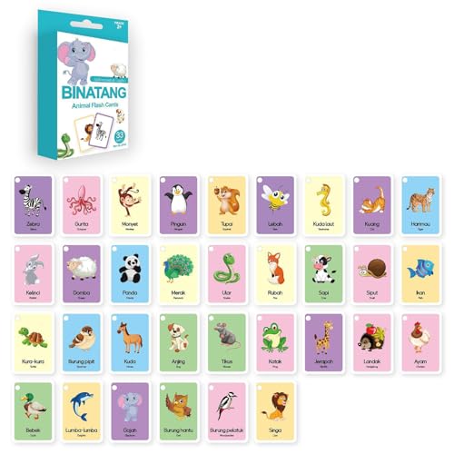 33pcs Zweisprachige Lernkarten Für Kinder Mit Indonesischen Und Englischen Tiervokabeln Tränenresistente Flitzkarten Set Set von SueaLe