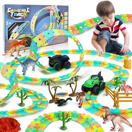 Suebah Rennbahn Kinder 3 Jahre Dinosaurier Autorennbahn Strax Bahn Rennstrecke Auto Spielzeug Geschenk Autobahn Kinder Spiele Cars Kinder Spielzeug ab 3 4 5 6 7 8 Jahre Jungen Mädchen 202 Stück von Suebah