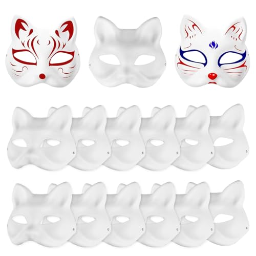 15 Stück Therian Mask, Katzenmasken zum Anmalen, Weiße Cat Mask, Personalisierte Zellstoff Handbemalte Cat Maske, für Maskeraden, Bastelkurse, Partys, Karneval, Aufführungen von Suevut