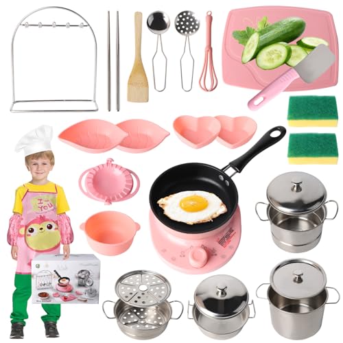 Suewidfay Kochset für Kinder Kinderküche Zubehör, Echtes Kochen Küchenzubehör für 6–12 Jahre, 28-teiliges Kinderkochset mit Induktionsherd, Wok, Knödelkocher, Hohem Topf, Messer und Suppentopf von Suewidfay