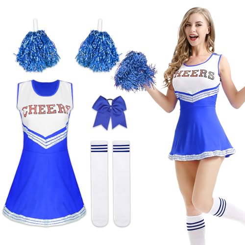 Cheerleader-Kostüm für Damen, Cheerleader-Kostüm mit Bommel, Cheerleader-Uniform, Halloween-Kostüm für Erwachsene für Cosplay-Partys für Mädchen (Blau, L) von Suffolly