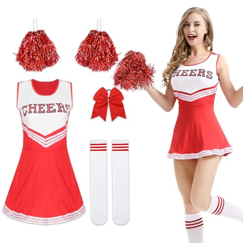 Cheerleader-Kostüm für Damen, Cheerleader-Kostüm mit Bommel, Cheerleader-Uniform, Halloween-Kostüm für Erwachsene für Cosplay-Partys für Mädchen (Rot, L) von Suffolly