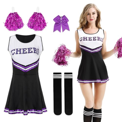 Cheerleader-Kostüm für Damen, Cheerleader-Kostüm mit Bommel, Cheerleader-Uniform, Halloween-Kostüm für Erwachsene für Cosplay-Partys für Mädchen (Schwarz, S) von Suffolly