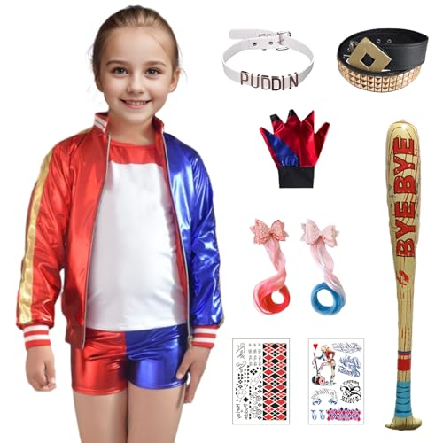 Rollenspiel Kostüm Quinn Halloween Kostüm Damen Kinder Rollenspiel Kostüm Set inklusive Handschuhe Jacke T-Shirt Shorts Halskette Karneval Halloween Rollenspiel, Schwarz , 120 cm von Suffolly