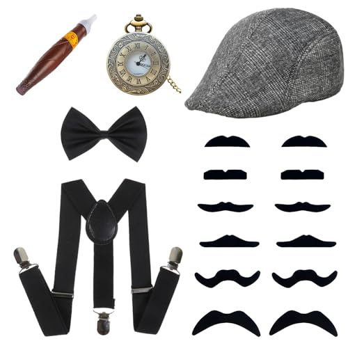 Suffolly 1920er Gatsby Accessoires für Herren, 20er-Jahre, Gangster-Set, Gatsby-Mafia-Kostüm, mit Panama-Mütze, Knotenkrawatte und Taschenuhr für Karneval, Cosplay (B) von Suffolly