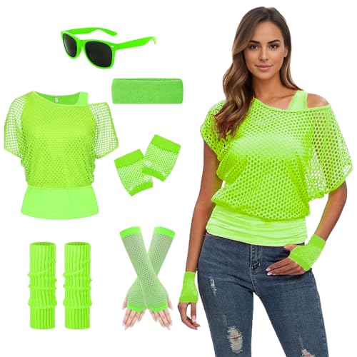 Suffolly 90er-Jahre-Kostüm, 7-teiliges Neon-Kostüm mit Neon-Accessoires, Fischnetz-Top für Damen, Tank-Top, 1980er-Jahre-Kostüm, 80er-Jahre-Kostüm, Disco-Outfit für Mottoparty (Anzug B, L) von Suffolly