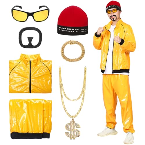 Suffolly 90er-Jahre-Kostüme für Herren und Damen, cooler Muschel-Anzug, 80er-Jahre-Kostüm, Outifit, mit 5-teiligem Zubehör, 80er-Jahre-Kostüm, für Halloween, Rapper, Hip-Hop, Disco, Kostümparty (Gelb, von Suffolly