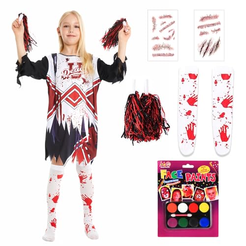 Horror Cheerleaderin Kostüm Kinder Mädchen Cheerleader Kostüm Halloween Zombie Cheerleader Kostüm Kinder mit Strümpfen, Pompoms,Gesichtsbemalung, Tattoo-Aufkleber für Halloween Karneval Cosplay (M) von Suffolly