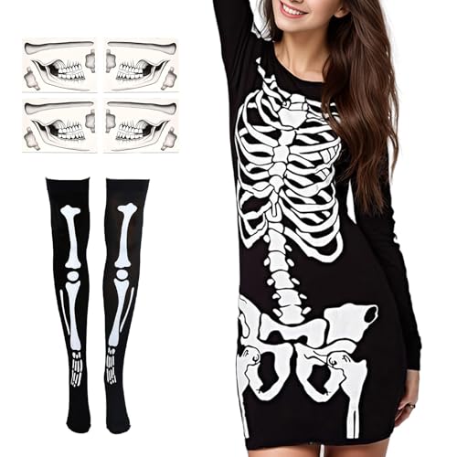 Suffolly Halloween Kleid Damen Skelett Kleid Kostüm für Adult Halloween Cosplay Party (Schwarze, L) von Suffolly