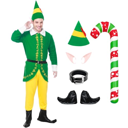 Suffolly Elf Weihnachten Kostüm für Unisex Erwachsene Cosplay Kostüm,Weihnachten Fancy Dress Outfits,Santa Cosplay Sets,Rosa Grüne Elf Weihnachten Kostüm für Herren,XXL von Suffolly