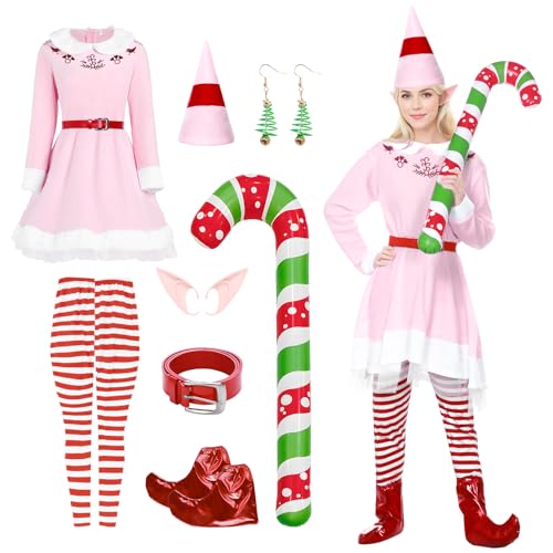 Suffolly Elf Weihnachten Kostüm für Unisex Erwachsene Cosplay Kostüm,Weihnachten Fancy Dress Outfits,Santa Cosplay Sets,Rosa Grüne Elf Weihnachten Kostüm für Damen,L von Suffolly