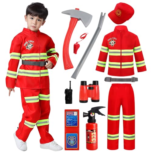 Suffolly Feuerwehrmann Kostüm für Kinder 10PCS Feuerwehrchef Cosplay Feuerwehr Rollenspiel mit Jacke Gürtel Hut für Halloween Karneval Cosplay Party,130 von Suffolly