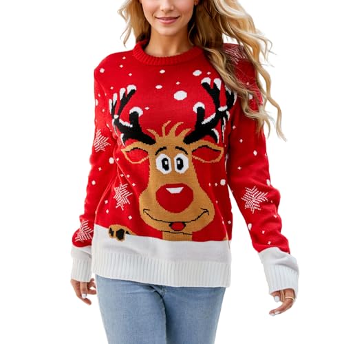 Weihnachtspullover Damen Stilvolle Weihnachtspullis Rentier-Pullover Damen Langarm Weihnachtspulli Damen Weihnachten Sweatshirt Top Weihnachtsgeschenke Rot,L von Suffolly