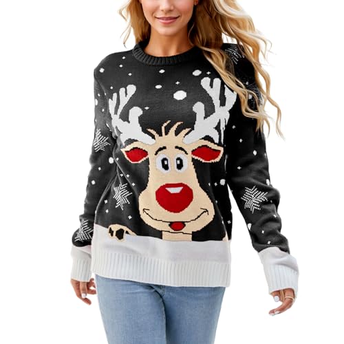 Weihnachtspullover Damen Stilvolle Weihnachtspullis Rentier-Pullover Damen Langarm Weihnachtspulli Damen Weihnachten Sweatshirt Top Weihnachtsgeschenke Schwarz,L von Suffolly